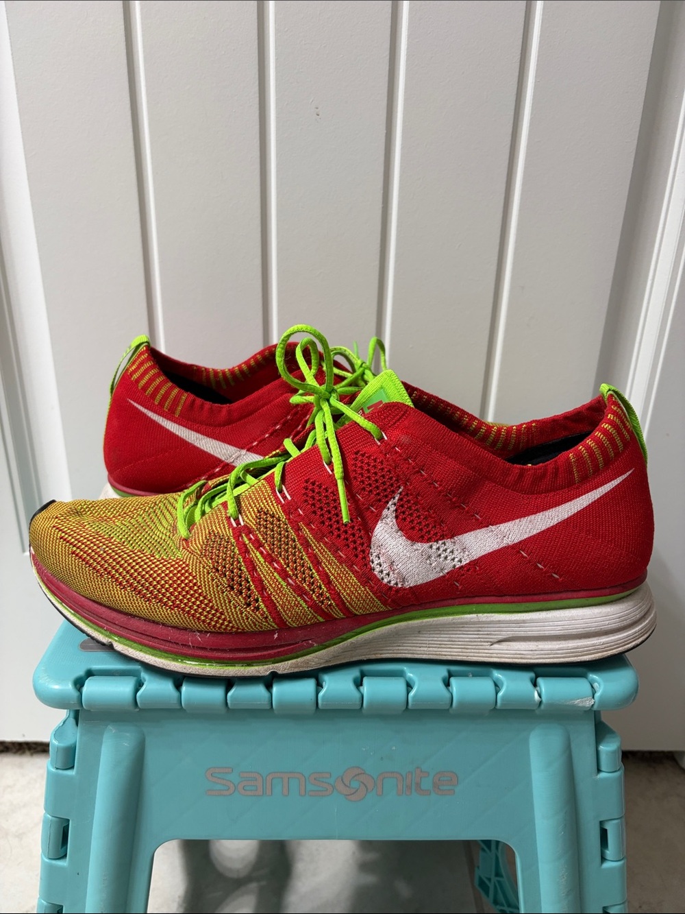 Nike Flyknit Trainer Shoes 2012  - Mens Size13 Red with Neon Yellow Accents
